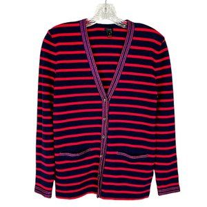 J Crew Womens Red Blue Stripe Cardigan Sweater Metallic Trim Button Up size XS